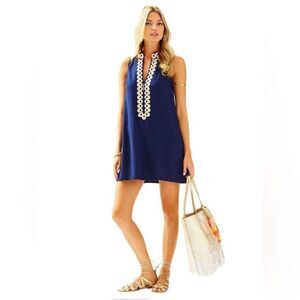 Lilly Pulitzer Jane Shift Dress Women's Size 0 True Navy Gold Embroidery